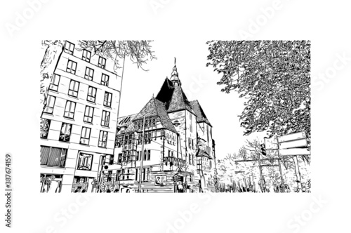 Building view with landmark of Bremen is a city straddling the Weser River in northwest Germany. Hand drawn sketch illustration in vector.