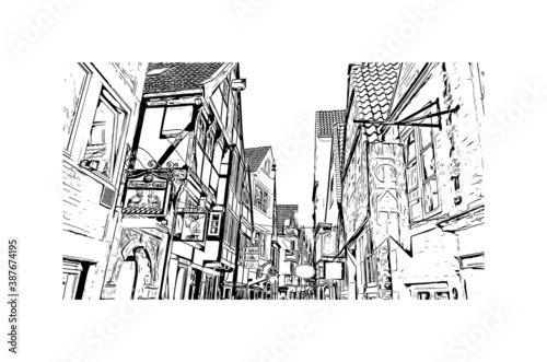 Building view with landmark of Bremen is a city straddling the Weser River in northwest Germany. Hand drawn sketch illustration in vector.