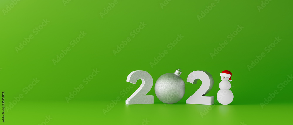 Merry Christmas and Happy New Year 2021 greeting card. Green background with copy space 3d render 3d illustration