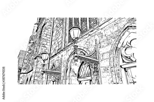 Building view with landmark of Bremen is a city straddling the Weser River in northwest Germany. Hand drawn sketch illustration in vector.