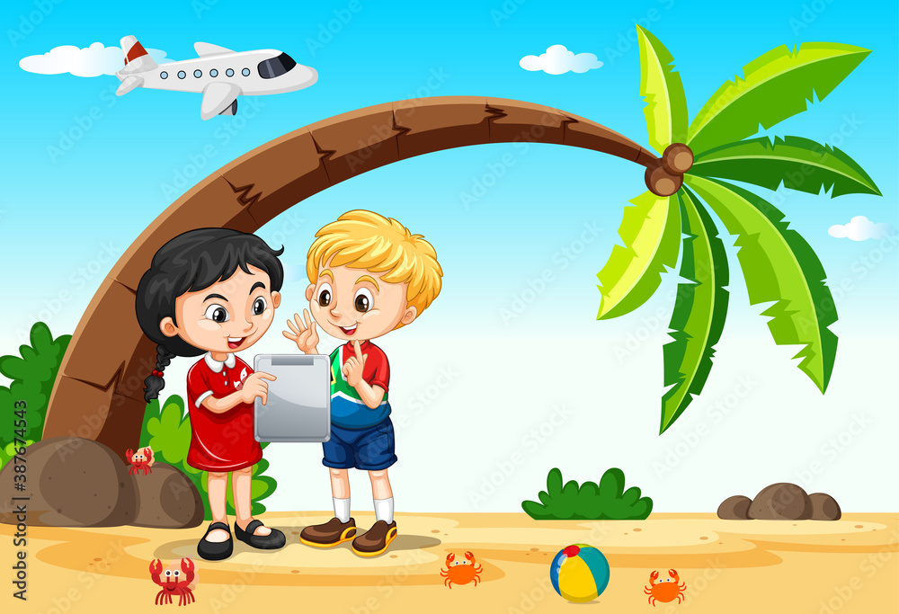 Kids using tablet during travelling with beach and plane background Kids using tablet during travelling with beach and plane background