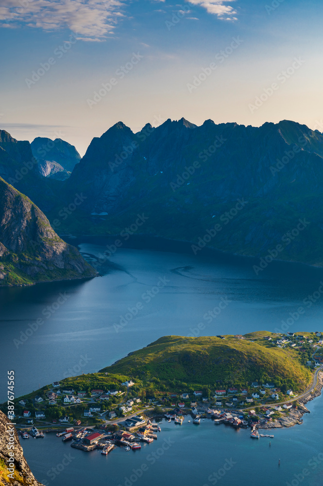 Close up parts of Reine fishing village in Lofoten, Northern Norway.  Captured from above.