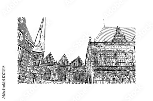 Building view with landmark of Bremen is a city straddling the Weser River in northwest Germany. Hand drawn sketch illustration in vector.