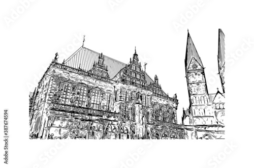 Building view with landmark of Bremen is a city straddling the Weser River in northwest Germany. Hand drawn sketch illustration in vector.