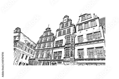Building view with landmark of Bremen is a city straddling the Weser River in northwest Germany. Hand drawn sketch illustration in vector.