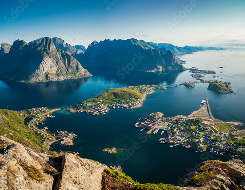 Close up parts of Reine fishing village in Lofoten, Northern Norway. Captured from above.