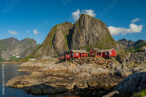 Lofoten Summer Landscape Lofoten is an archipelago in the county of Nordland, Norway. Is known for a distinctive scenery with dramatic mountains and peaks.