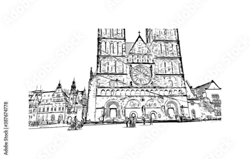 Building view with landmark of Bremen is a city straddling the Weser River in northwest Germany. Hand drawn sketch illustration in vector.