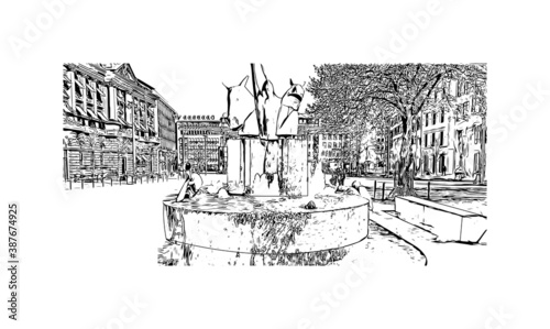 Building view with landmark of Bremen is a city straddling the Weser River in northwest Germany. Hand drawn sketch illustration in vector.