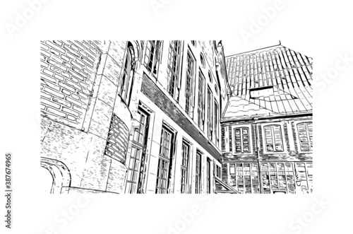 Building view with landmark of Bremen is a city straddling the Weser River in northwest Germany. Hand drawn sketch illustration in vector.