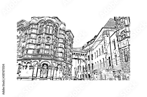 Building view with landmark of Bremen is a city straddling the Weser River in northwest Germany. Hand drawn sketch illustration in vector.