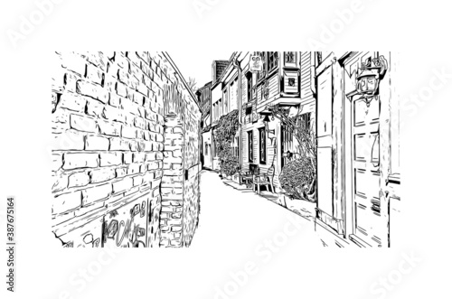Building view with landmark of Bremen is a city straddling the Weser River in northwest Germany. Hand drawn sketch illustration in vector.