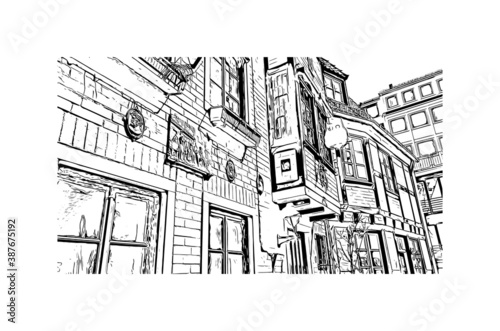 Building view with landmark of Bremen is a city straddling the Weser River in northwest Germany. Hand drawn sketch illustration in vector.