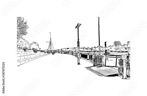 Building view with landmark of Bremen is a city straddling the Weser River in northwest Germany. Hand drawn sketch illustration in vector.