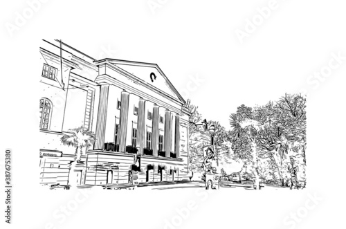 Building view with landmark of Bremen is a city straddling the Weser River in northwest Germany. Hand drawn sketch illustration in vector.