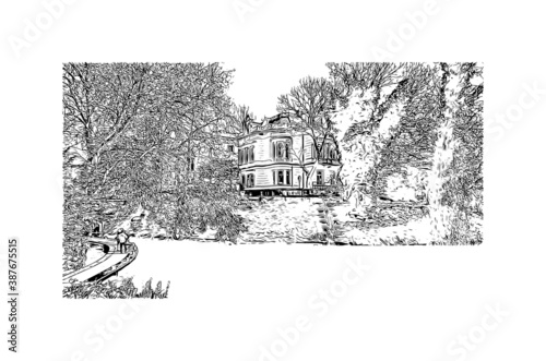Building view with landmark of Bremen is a city straddling the Weser River in northwest Germany. Hand drawn sketch illustration in vector.