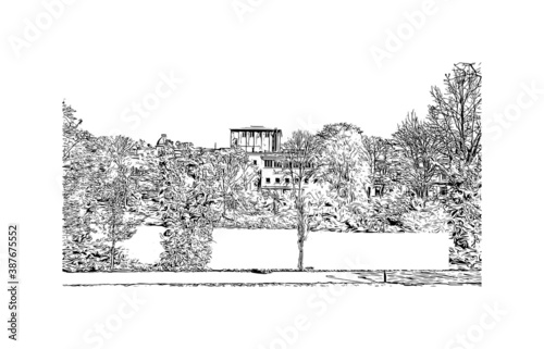 Building view with landmark of Bremen is a city straddling the Weser River in northwest Germany. Hand drawn sketch illustration in vector.