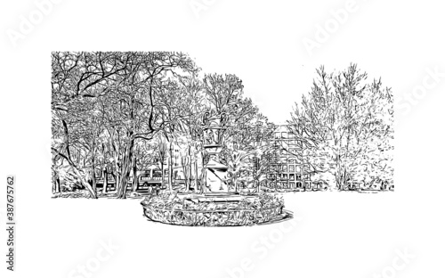 Building view with landmark of Bremen is a city straddling the Weser River in northwest Germany. Hand drawn sketch illustration in vector.