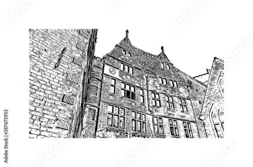 Building view with landmark of Bremen is a city straddling the Weser River in northwest Germany. Hand drawn sketch illustration in vector.