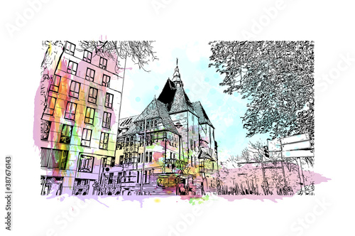 Building view with landmark of Bremen is a city straddling the Weser River in northwest Germany. Watercolor splash with hand drawn sketch illustration in vector.