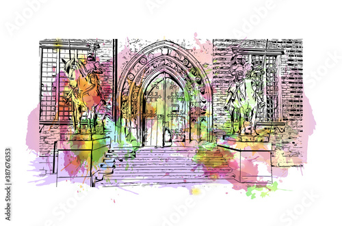 Building view with landmark of Bremen is a city straddling the Weser River in northwest Germany. Watercolor splash with hand drawn sketch illustration in vector.
