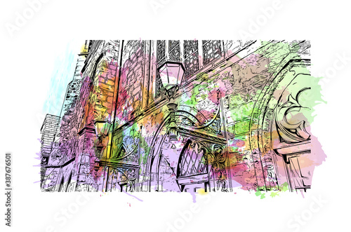 Building view with landmark of Bremen is a city straddling the Weser River in northwest Germany. Watercolor splash with hand drawn sketch illustration in vector.