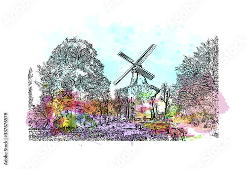Building view with landmark of Bremen is a city straddling the Weser River in northwest Germany. Watercolor splash with hand drawn sketch illustration in vector.