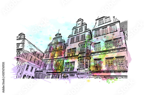 Building view with landmark of Bremen is a city straddling the Weser River in northwest Germany. Watercolor splash with hand drawn sketch illustration in vector.