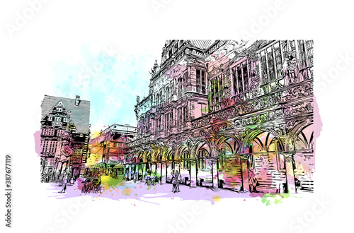 Building view with landmark of Bremen is a city straddling the Weser River in northwest Germany. Watercolor splash with hand drawn sketch illustration in vector.