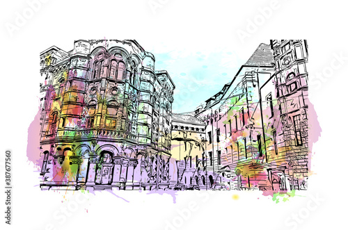 Building view with landmark of Bremen is a city straddling the Weser River in northwest Germany. Watercolor splash with hand drawn sketch illustration in vector.
