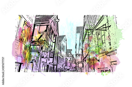Building view with landmark of Bremen is a city straddling the Weser River in northwest Germany. Watercolor splash with hand drawn sketch illustration in vector.
