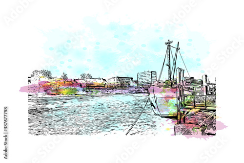 Building view with landmark of Bremen is a city straddling the Weser River in northwest Germany. Watercolor splash with hand drawn sketch illustration in vector.