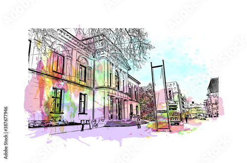 Building view with landmark of Bremen is a city straddling the Weser River in northwest Germany. Watercolor splash with hand drawn sketch illustration in vector.