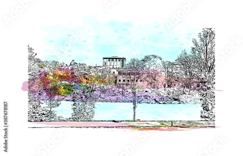 Building view with landmark of Bremen is a city straddling the Weser River in northwest Germany. Watercolor splash with hand drawn sketch illustration in vector.