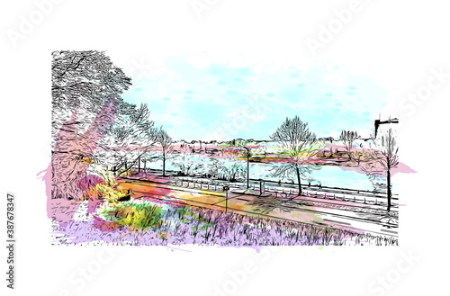 Building view with landmark of Bremen is a city straddling the Weser River in northwest Germany. Watercolor splash with hand drawn sketch illustration in vector.