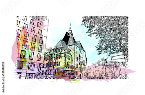 Building view with landmark of Bremen is a city straddling the Weser River in northwest Germany. Watercolor splash with hand drawn sketch illustration in vector.