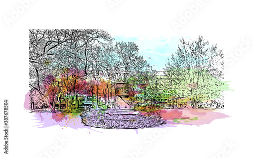 Building view with landmark of Bremen is a city straddling the Weser River in northwest Germany. Watercolor splash with hand drawn sketch illustration in vector.