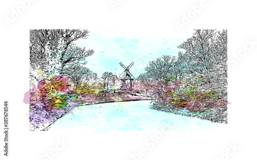 Building view with landmark of Bremen is a city straddling the Weser River in northwest Germany. Watercolor splash with hand drawn sketch illustration in vector.