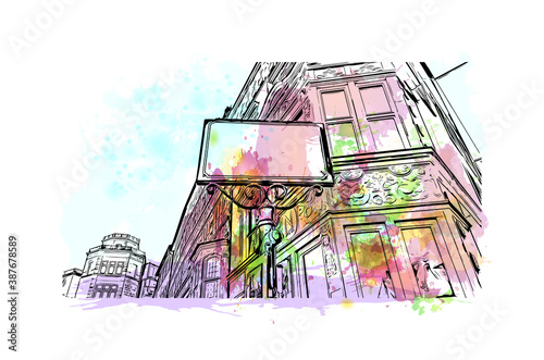 Building view with landmark of Bremen is a city straddling the Weser River in northwest Germany. Watercolor splash with hand drawn sketch illustration in vector.