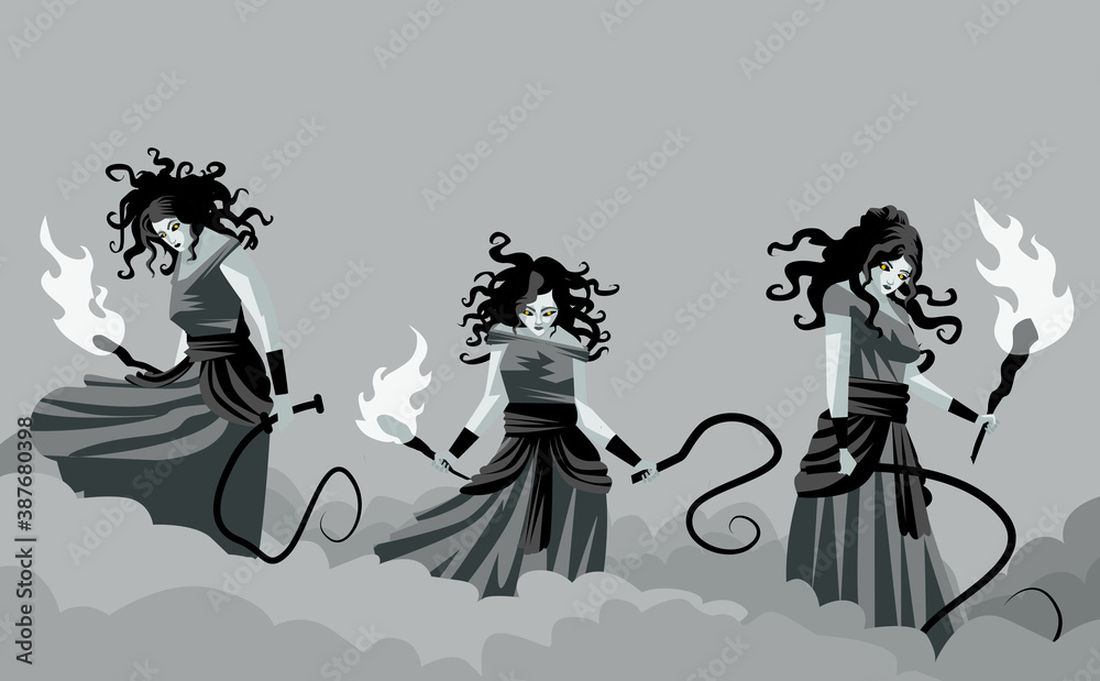 Erinyes furies greek mythology goddesses of vengeance Stock Vector