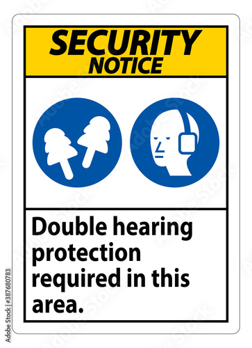 Security Notice Sign Double Hearing Protection Required In This Area With Ear Muffs & Ear Plugs