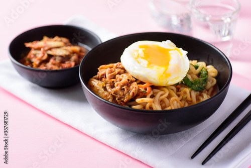 Korean food, kimchi spicy noodles soup