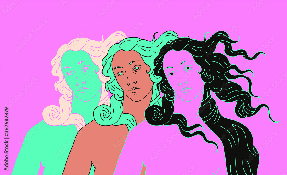Modern vector line art Illustration or the Venus or Aphrodite Goddess  in doodle sketch style. Diverse women of different ethnicity and appearance. Poster about Feminism and Woman Power issues.