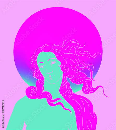 Modern vector line art Illustration of the Venus or Aphrodite Goddess  in doodle sketch style. Vaporwave style collage for poster or cover design.