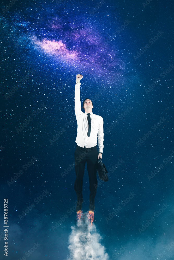 Caucasian businessman flying in night sky