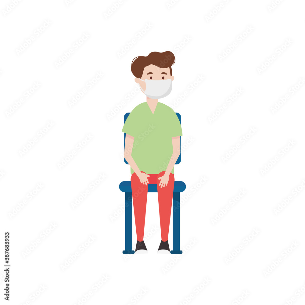 cartoon man with mouth mask sitting on a chair, flat style