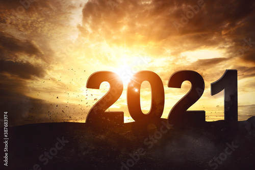 Number 2021 with orange sky background