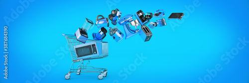 Many Kitchen Appliance Falling in Shopping Cart. 3d Rendering