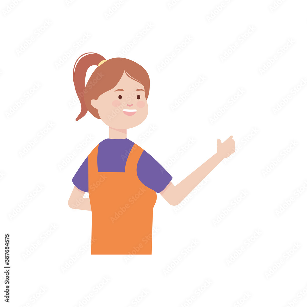 cartoon young woman wearing orange overalls, flat style