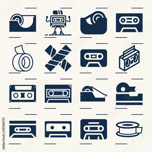 Simple set of tape recording related filled icons.
